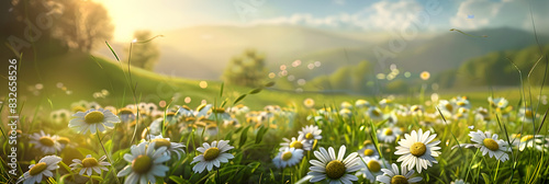 Beautiful spring and summer natural landscape with blooming field of daisies in the grass in the hilly countryside. photo