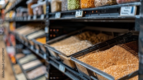 An aisle featuring bulk bins for customers to purchase grains nuts and other pantry staples with minimal packaging.