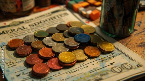 Paycheck stub and plasticine coins. photo
