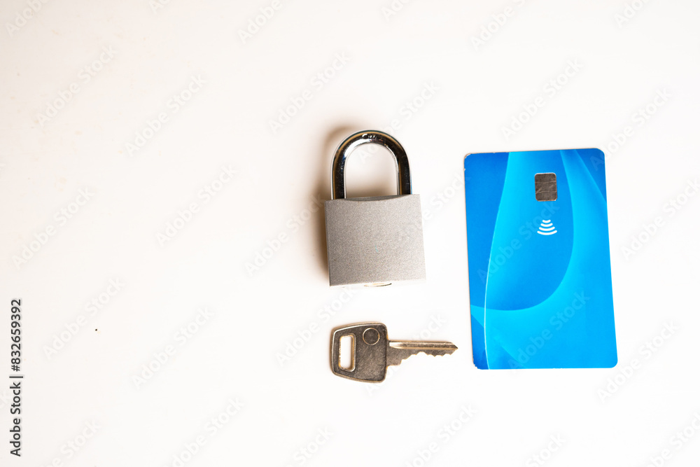 Online shopping security concept, credit cards on a computer keyboard and a padlock with a key.
Online shopping security concept, credit cards on a computer keyboard and a padlock with a key.