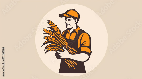 Logo design, vector style, minimalist, a farmer holding a pile of wheat.