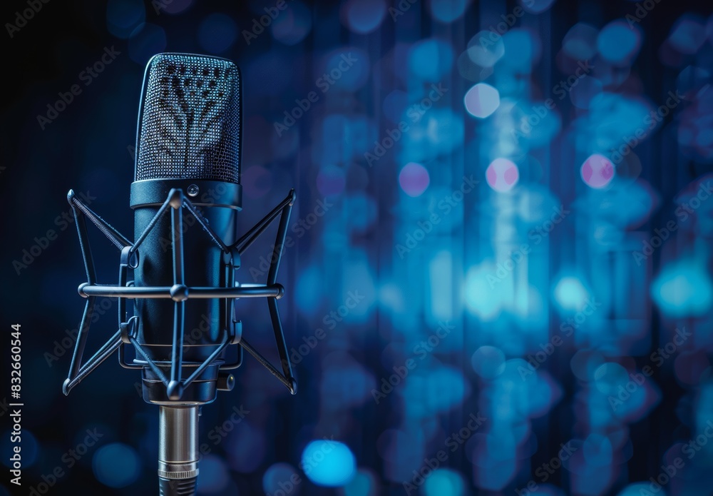 Banner featuring a professional microphone and waveform on a blue background, ideal for podcasts or recording studios. Banner featuring a professional microphone and waveform on a blue background, ideal for podcasts or recording studios.