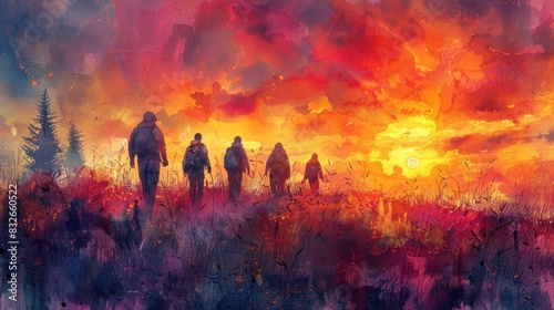 Illustration of a group hiking against an explosive sunset sky