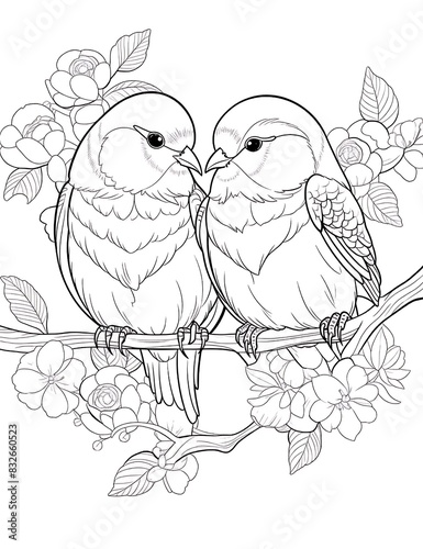 Birds Sitting on a Branch, summer birds coloring pages for kids and adults