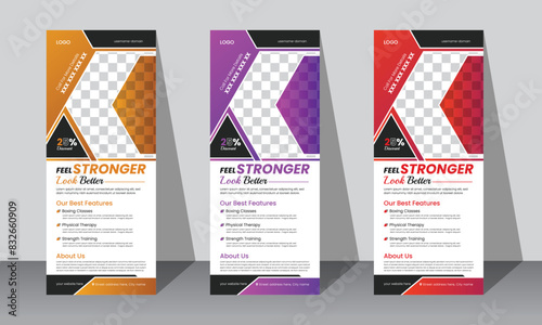 Modern clean professional fitness gym standee roll up banner design template with tree color version available .