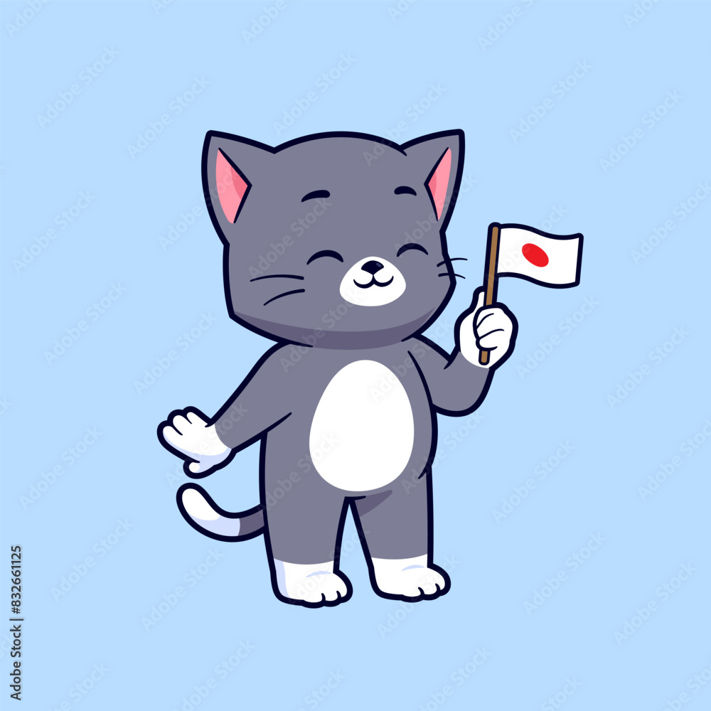 Fototapeta premium Cute cat holding japanese flag vector cartoon illustration