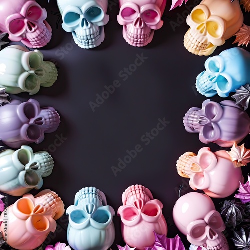 Multi-colored 3D skulls, pumpkins on a black background with advertising space. Creative interior decor for Halloween parties. Illustration for printing on fabric, paper, packaging of Halloween souven photo