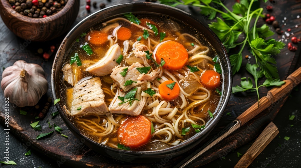  A bowl of chicken noodle soup with carrots and ample parsley