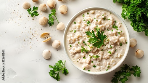  A bowl of food is placed on a table with mushrooms, parsley, garlic, and more parsley arranged next to it