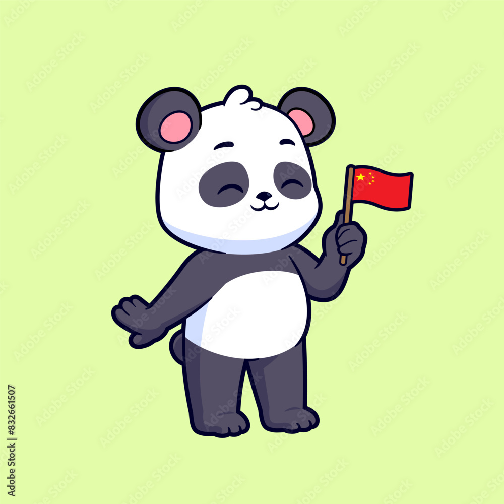 Naklejka premium Cute panda bear holding chinese flag vector cartoon illustration