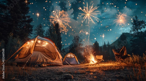 Family on a camping trip, celebrating Fourth of July, barbecue setup, fireworks illuminating the night sky, tents in the background, festive and joyful atmosphere, copy space