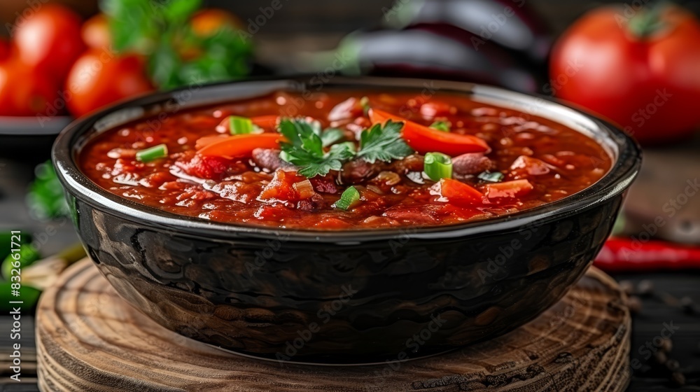 A tight shot of a steaming bowl of soup on a weathered wooden table Tomatoes and assorted vegetables fill the background A spoon rests beside the bowl A tight shot of a steaming bowl of soup on a weathered wooden table Tomatoes and assorted vegetables fill the background A spoon rests beside the bowl