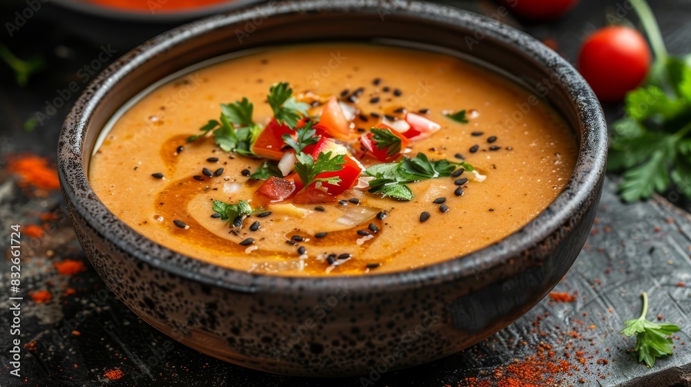 A tight shot of a bowl brimming with soup, adorned with garnishes atop Tomatoes and parsley arrange the center Placed on a table A tight shot of a bowl brimming with soup, adorned with garnishes atop Tomatoes and parsley arrange the center Placed on a table