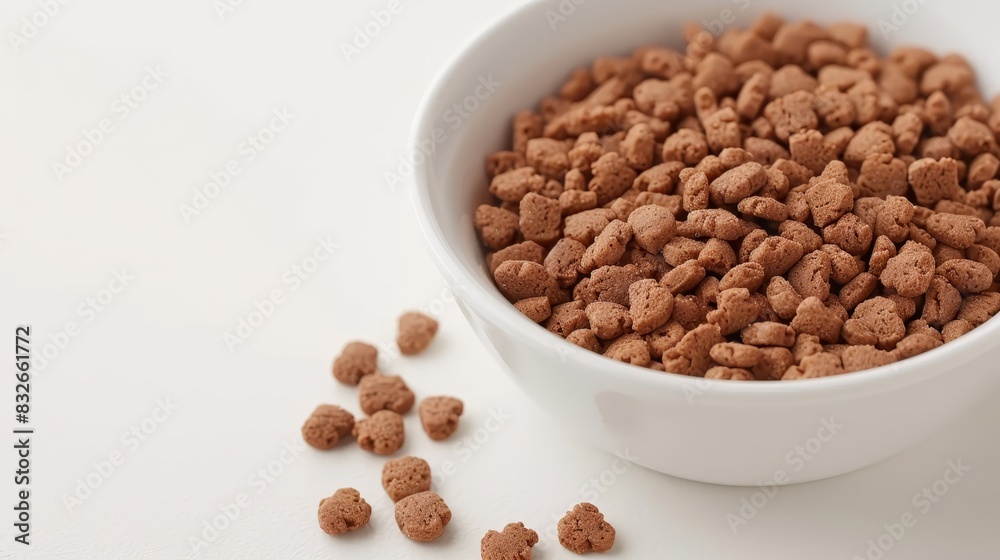 A white table holds a bowl of dog food Nearby, a smaller pile of the same sits on the floor Another stack of dog food rests atop the table A white table holds a bowl of dog food Nearby, a smaller pile of the same sits on the floor Another stack of dog food rests atop the table