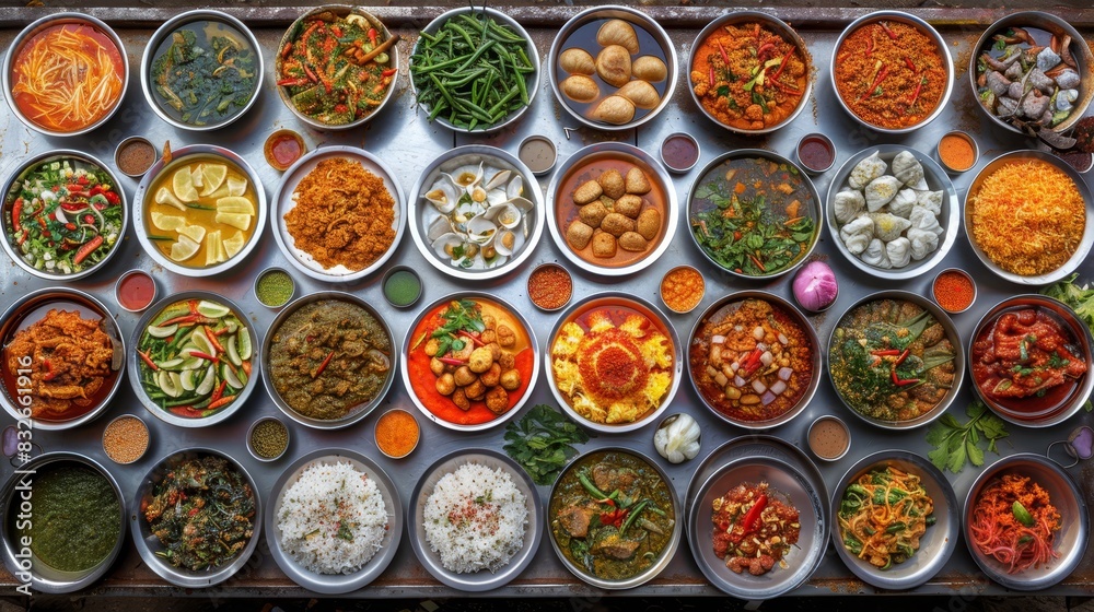  A table laden with various bowls brimming with distinct foods and vegetables Nearby, a wall of bowls displays diverse types of edibles