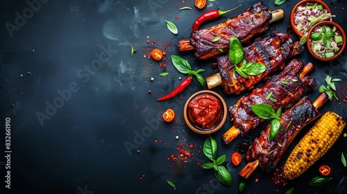  BBQ ribs on a black surface, surrounded by green leaves Corn on the cob to the right Red peppers and salsa on the left side © Jevjenijs