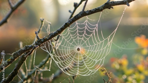 A spider web stretched between two branches in a garden ping unwanted pests in its sticky threads.