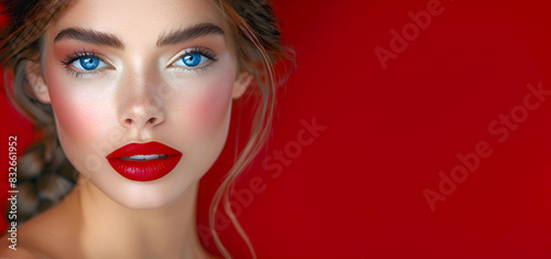 A young woman with red lipstick  cosmetic advertisement. Close-up