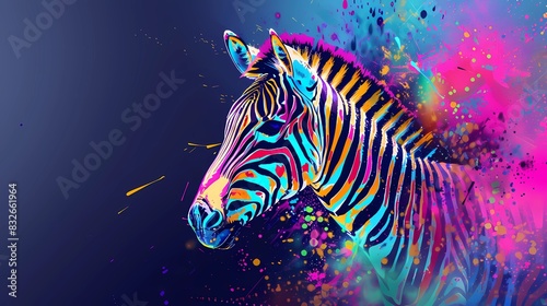 A painting of a zebra with with a colorful line background  Generative AI illustrations. 