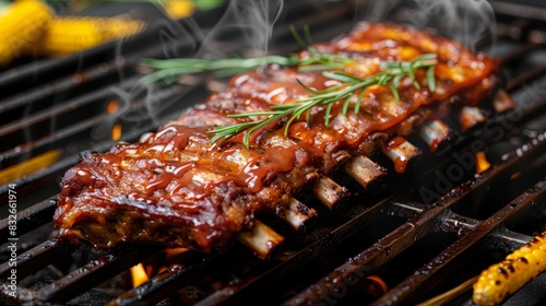  A piece of meat on a grill  topped with a sprig of rosemary Smoke emerges from the grill s upper area