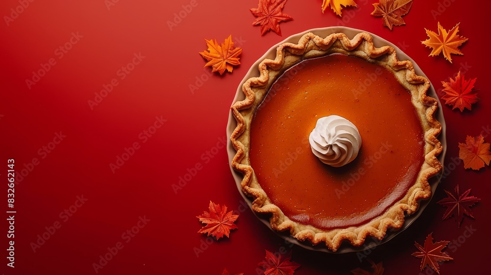  A pumpkin pie, crowned with whipped cream, sits atop a scarlet surface Autumn leaves in hues of red and orange encircle it, with a few extra