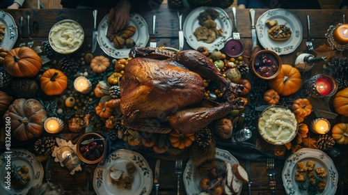  A large turkey sits atop a table, encircled by plates and bowls brimming with diverse foods A lit candle graces the table's center photo