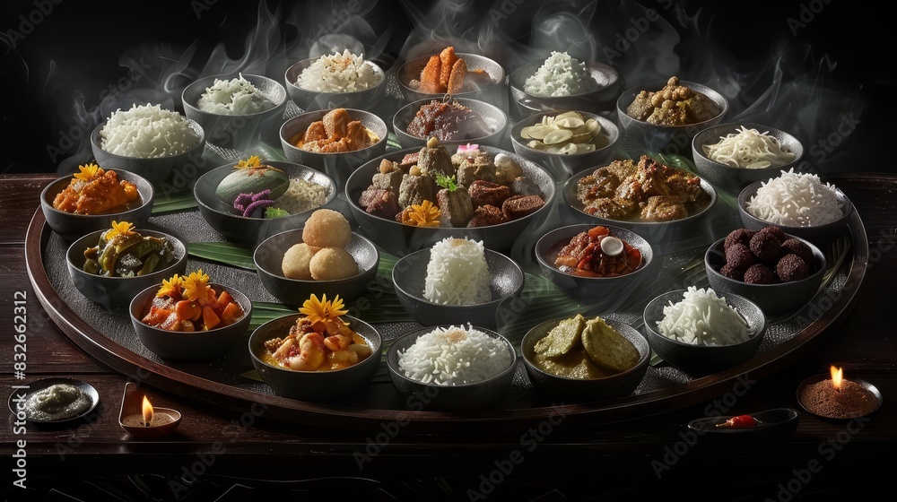 A table, laden with bowls of various foods, stands beside a lit candle Another plate of food rests atop the table A table, laden with bowls of various foods, stands beside a lit candle Another plate of food rests atop the table