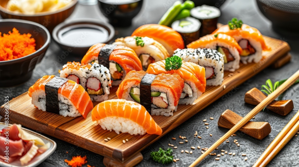 A plate of sushi with chopsticks nearby Chopsticks beside a bowl of rice A plate of sushi with chopsticks nearby Chopsticks beside a bowl of rice