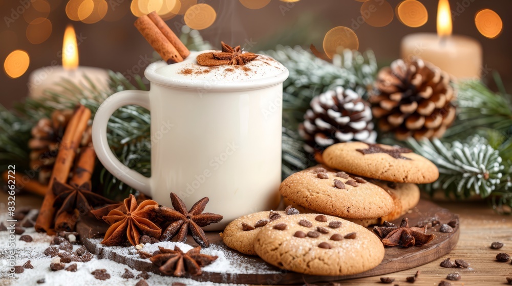  A wood tray holds a steaming cup of hot chocolate, garnished with cinnamon and star anise Surrounding the tray are Christmas decorations, along with extra cinn