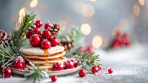  A stack of pancakes, powdered-sugared, adorned with cranberries atop, on a pristine white plate Surrounded by pine cones