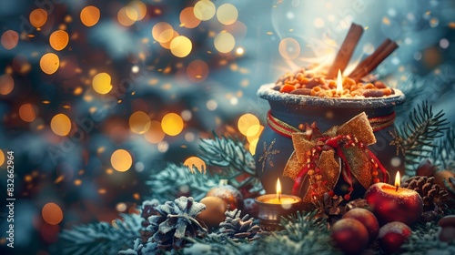  A tight shot of a bowl brimming with food on a table In the bowl's center, a lit candle casts a warm glow Beyond, a Christmas tree stands with tw photo
