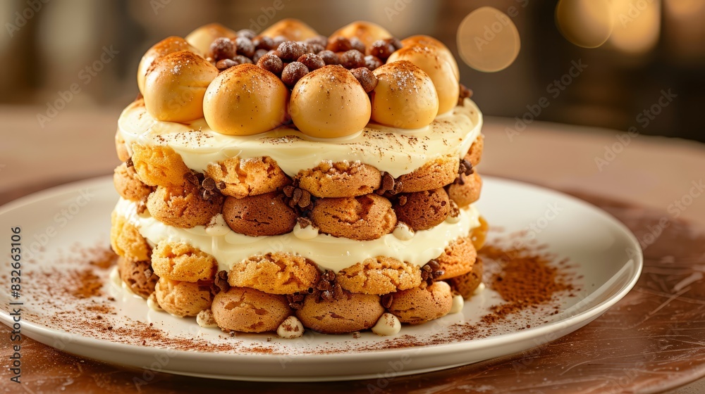  A three-tiered cake sits atop a white plate, adorned with cookies and various toppings The plate rests on a wooden table, its surface slightly blurred