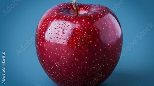  Close-up of an apple against a blue backdrop, featuring water droplets at its peak and lower half with a bite mark
