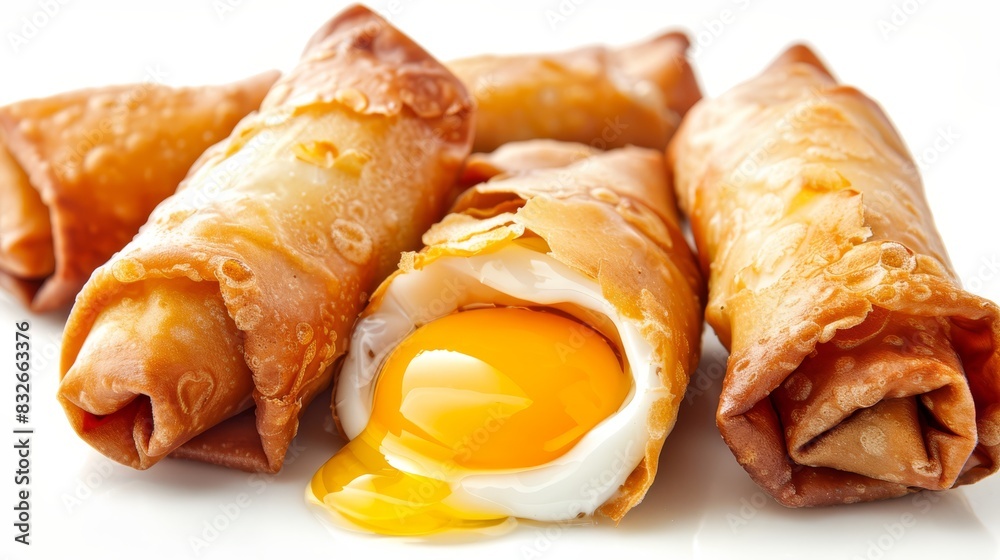  A close-up of a plate with an egg in the center, another egg nestled within it, and a roll with an egg in its middle