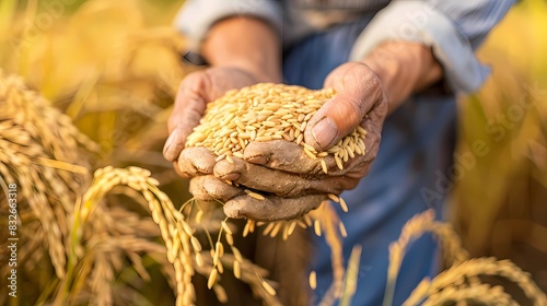 A farmers who are happy to near harvest rice, Generative AI illustartions.  photo