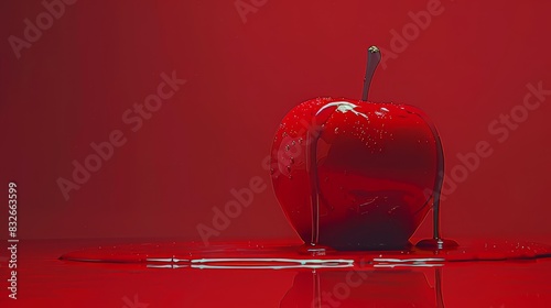  A red apple, with a knife piercing it, sits atop a scarlet surface A solitary droplet of water trickles from the apple's summit photo