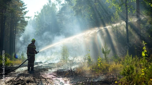 A fireman in uniform extinguishes a forest fire on a summer day. natural disaster forest fire