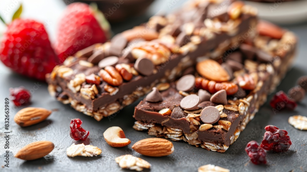 A tight shot of a chocolate bar, studded with nuts and cranberries, sits on a table Nearby, a plate displays ripe, red strawberries In the background, A tight shot of a chocolate bar, studded with nuts and cranberries, sits on a table Nearby, a plate displays ripe, red strawberries In the background,