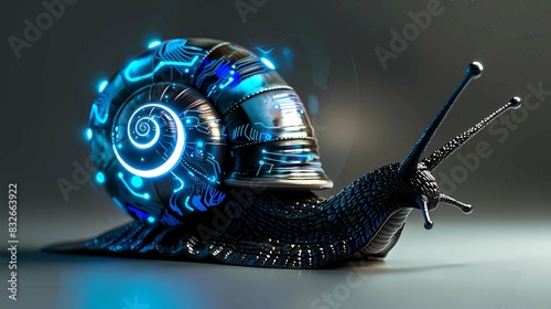 Fantasy AI illustration medium shoot fotography of robotic snail, Generative AI illustrations.  photo