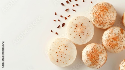  A white plate holds an assortment of eggs  some topped with powdered sugar and brown sprinkles  nestled beside a mound of eggs atop brown speckles on