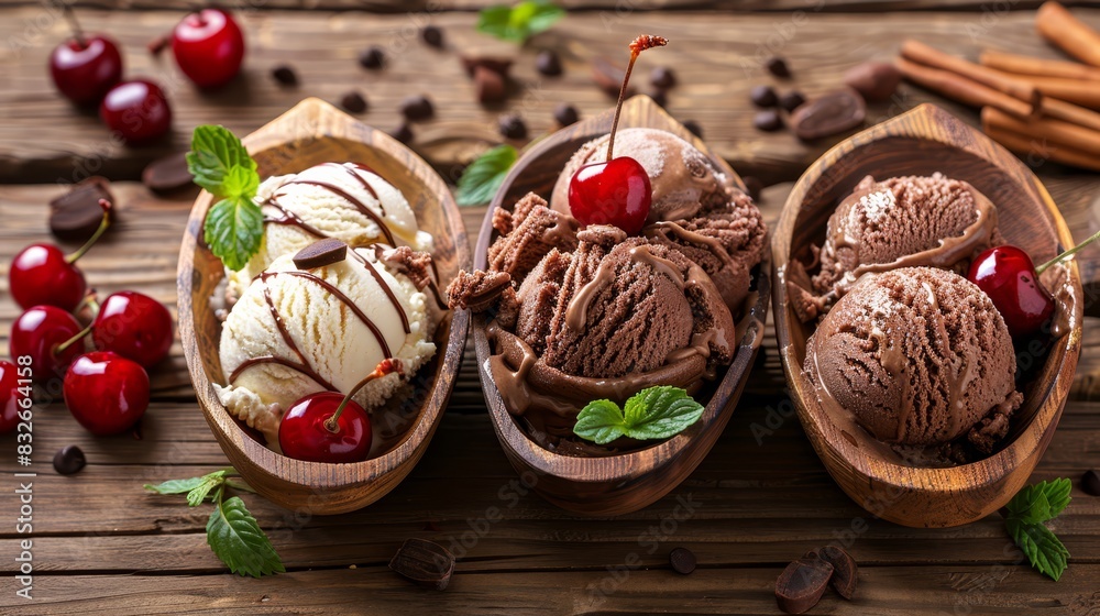 Three scoops of ice cream in wooden bowls, topped with cherries and chocolate chips A wooden table houses the setup, with cinnamon sticks and additional cherries on its Three scoops of ice cream in wooden bowls, topped with cherries and chocolate chips A wooden table houses the setup, with cinnamon sticks and additional cherries on its