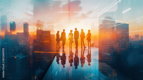 Silhouettes of business people group standing against a city skyline at sunset.