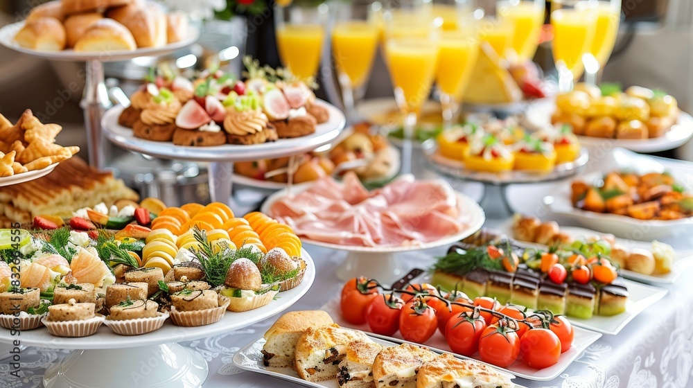 A table laden with plates of food and two glasses of orange juice A table laden with plates of food and two glasses of orange juice