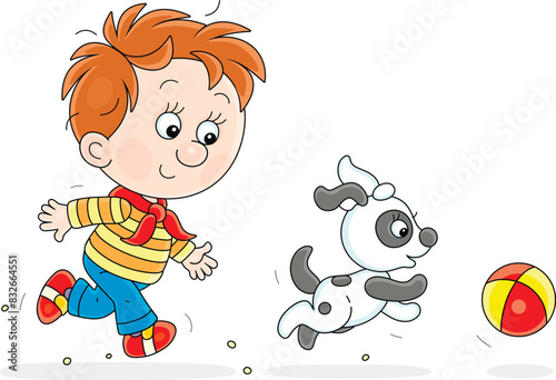 Funny little boy merrily running and playing with a playful small puppy and a ball on a playground, vector cartoon illustration on white