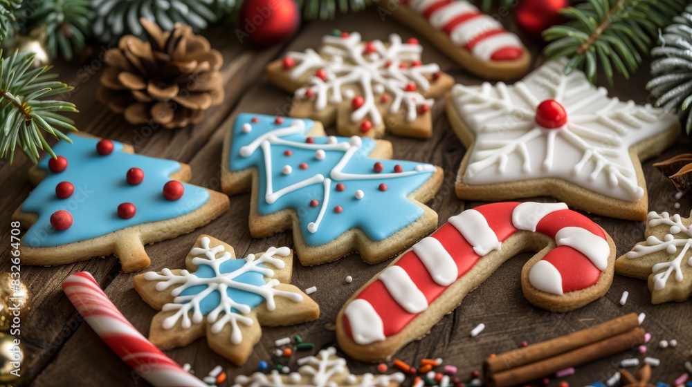  A close-up of Christmas cookies on a table Pine cones and candy canes adorn the sides Cookies are decorated with red, white, blue, green, and altern