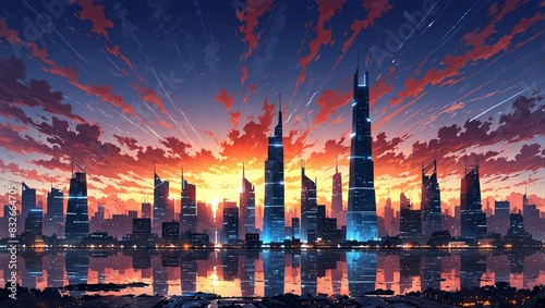 Futuristic megacity skyline at sunrise. 2d style photo