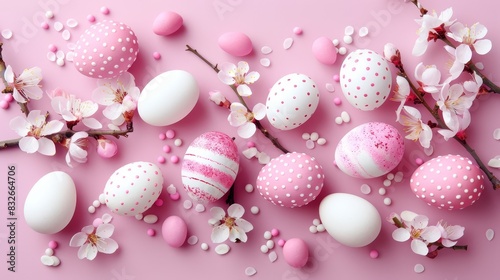  A collection of adorned eggs atop a pink background Nearby, a branch bears white and pink eggs, and a cherry blossom branch with pink petals is present