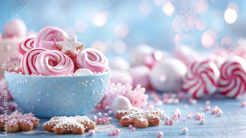  A blue bowl holds pink and white frosted lollipops Nearby  another blue bowl is filled with pink and white sprinkles and star-shaped cookies