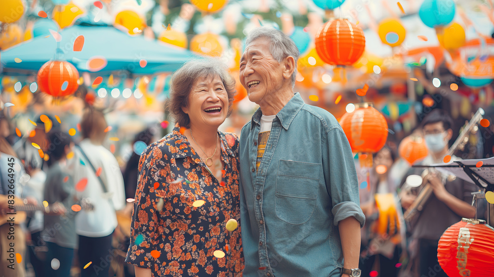 Joyful Elderly Couple Embracing at a Vibrant Festival Celebration