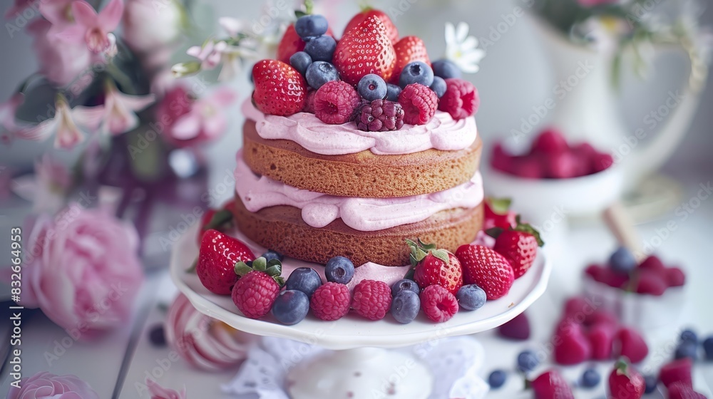 A tight shot of a cake on a plate, adorned with berries and blueberries atop Background features pink blooms, complementing a vase holding similar flowers A tight shot of a cake on a plate, adorned with berries and blueberries atop Background features pink blooms, complementing a vase holding similar flowers